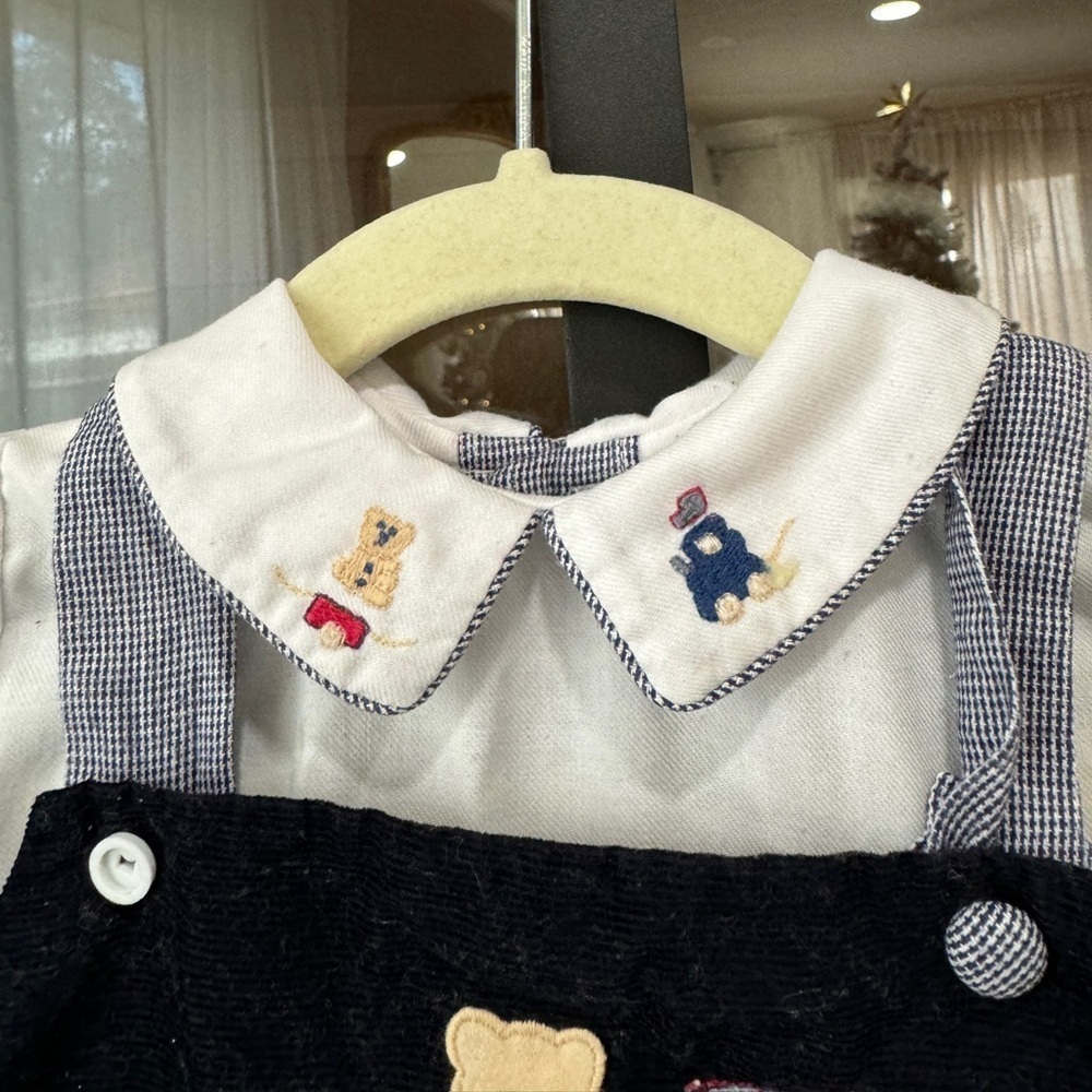 Vintage teddy bear coverall embroidered overalls baby boy collar train gingham - Picture 2 of 9
